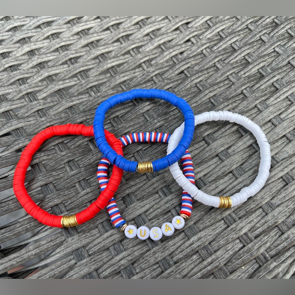 Patriotic bracelet stack, red white and blue bracelets, 4th of July bracelets